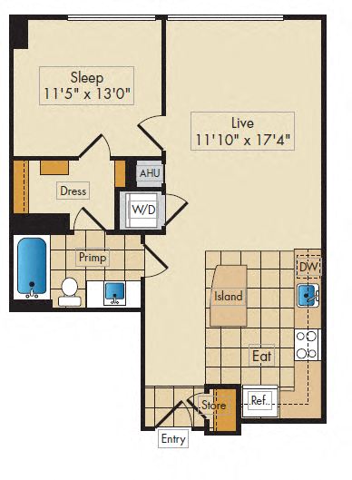 Floor plan for 1 bed, 1 bath, 685 sqft